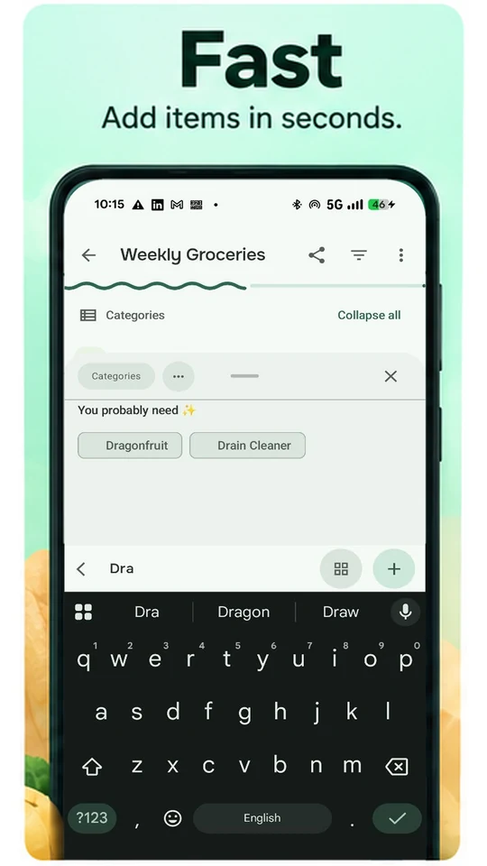 Adding an item to Weekly Groceries with MariaList's item suggestions