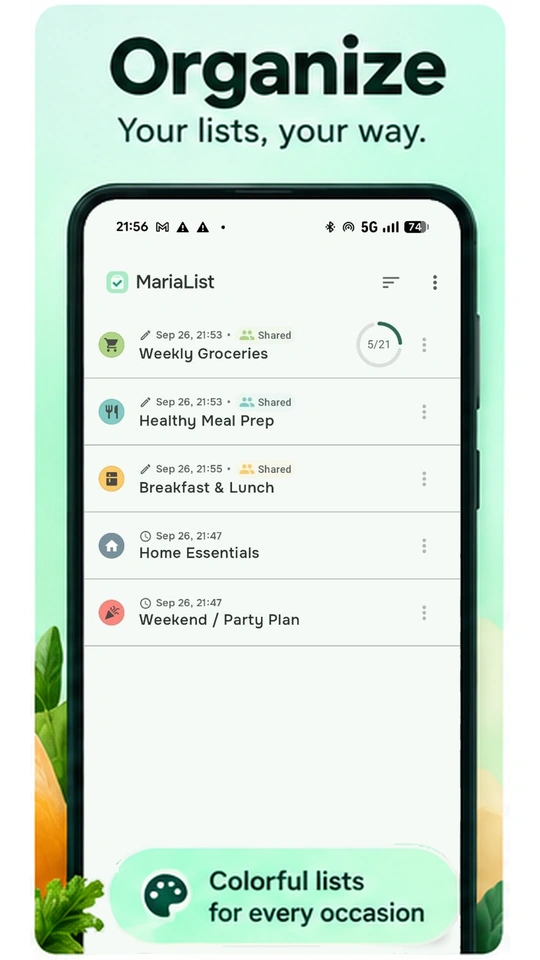 MariaList's colorful lists, including Weekly Groceries and Healthy Meal Prep