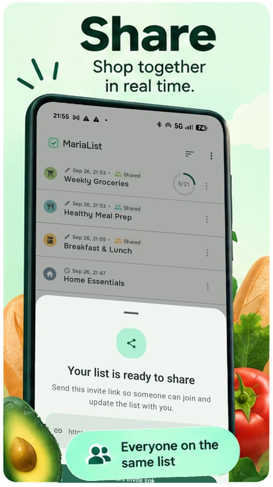 MariaList's share screen with the message Your list is ready to share and a copyable invite link