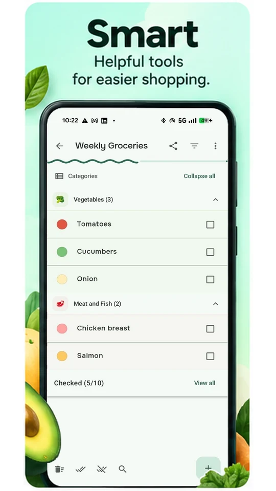 Weekly Groceries in MariaList, with vegetables and meat grouped into categories